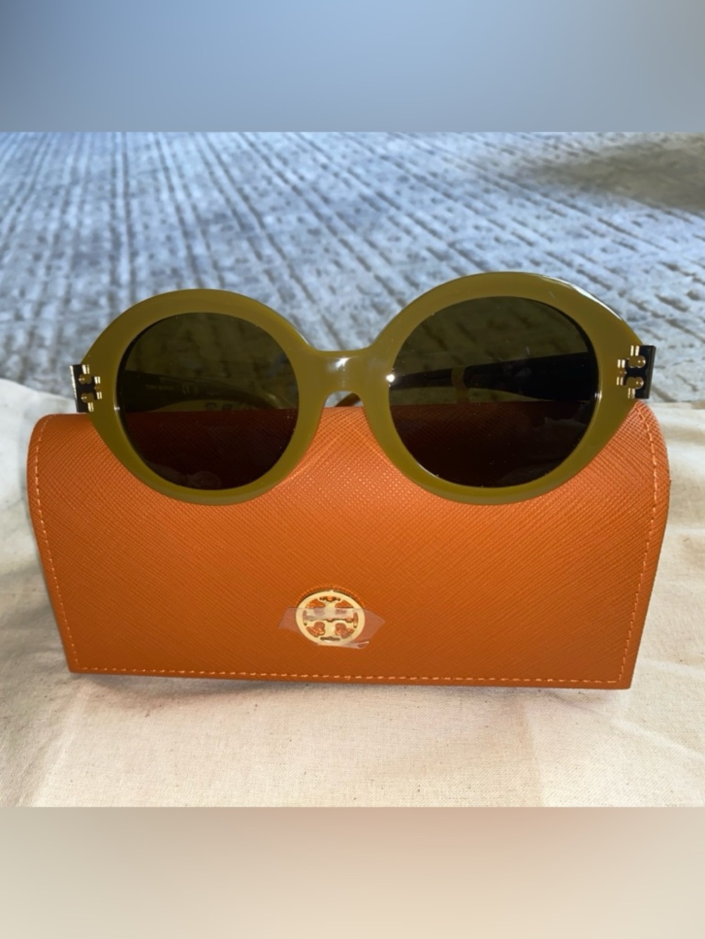 Tory Burch Olive Green Round Sunglasses with Orange Case